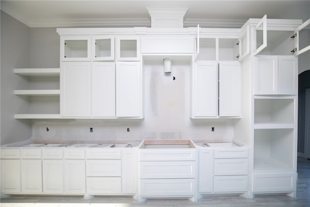 washroom with light wood-type flooring and crown molding