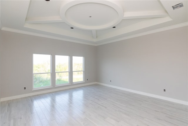 empty room featuring ornamental molding, light hardwood / wood-style floors, and a tray ceiling