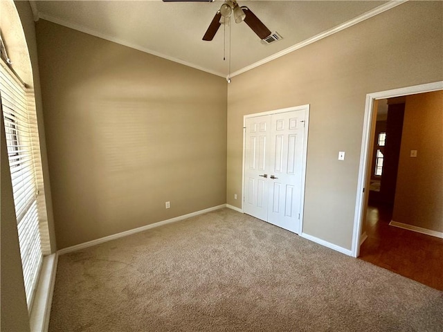 6313 Ramsgate Cir, Corpus Christi, TX 78414 - unfurnished bedroom with carpet flooring, crown molding, baseboards, ceiling fan, and lofted ceiling