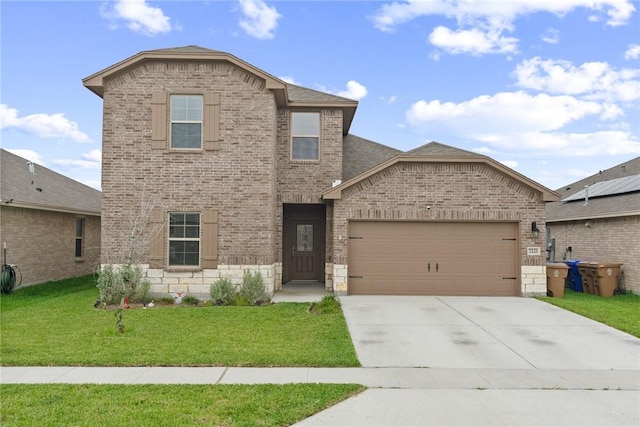 7221 Tristan Dr, Corpus Christi, TX 78414 - traditional home with brick siding, an attached garage, a front lawn, and concrete driveway