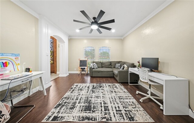 5413 King Trl, Corpus Christi, TX 78414 - home office featuring a ceiling fan, crown molding, arched walkways, wood finished floors, and baseboards