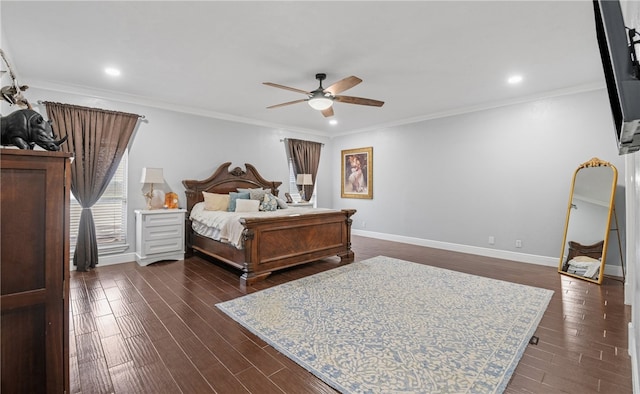 5413 King Trl, Corpus Christi, TX 78414 - bedroom with baseboards, dark wood-type flooring, ornamental molding, recessed lighting, and a ceiling fan