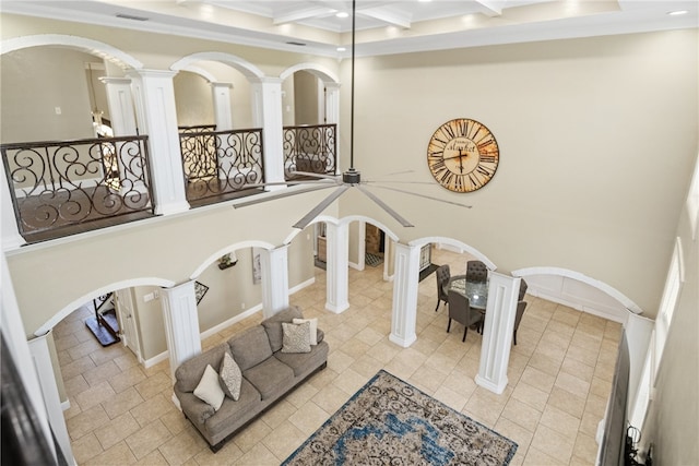 5413 King Trl, Corpus Christi, TX 78414 - stairway featuring decorative columns, recessed lighting, coffered ceiling, beamed ceiling, and crown molding