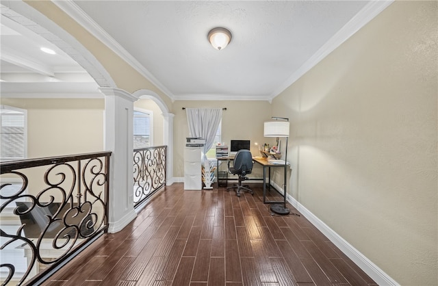 5413 King Trl, Corpus Christi, TX 78414 - office with ornate columns, dark wood-type flooring, healthy amount of natural light, arched walkways, and crown molding