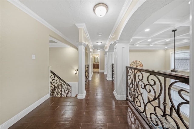 5413 King Trl, Corpus Christi, TX 78414 - hall with ornate columns, beamed ceiling, baseboards, wood finished floors, and recessed lighting