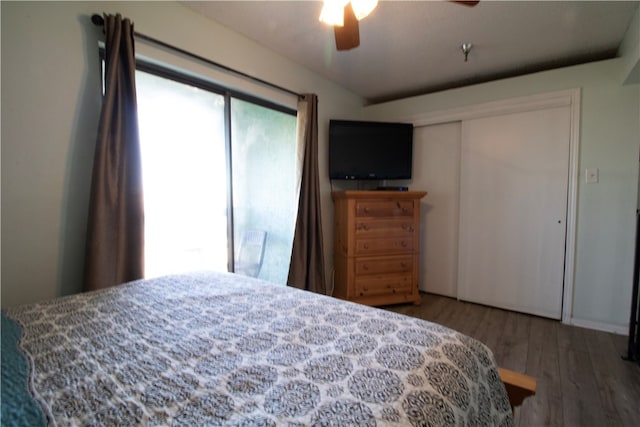 bedroom featuring wood-type flooring, ceiling fan, and a closet