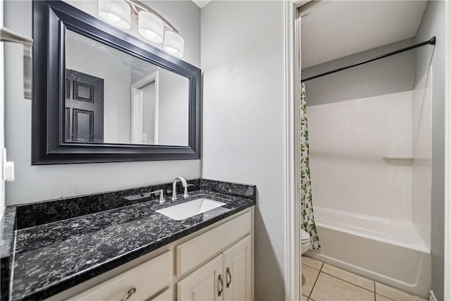 4230 Rapids Dr, Corpus Christi, TX 78410 - bathroom with toilet, vanity, shower / bathtub combination with curtain, and tile patterned floors