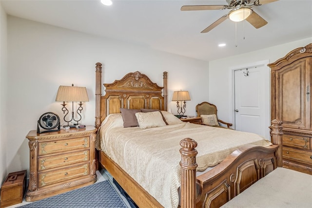 bedroom with carpet, ceiling fan, and recessed lighting