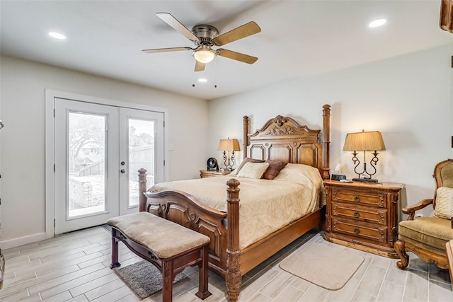 bedroom featuring recessed lighting, wood tiled floor, a ceiling fan, and access to exterior