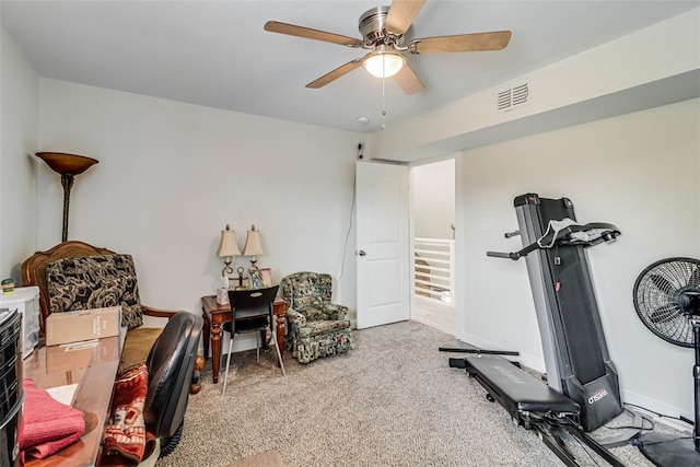 office with ceiling fan, visible vents, and baseboards