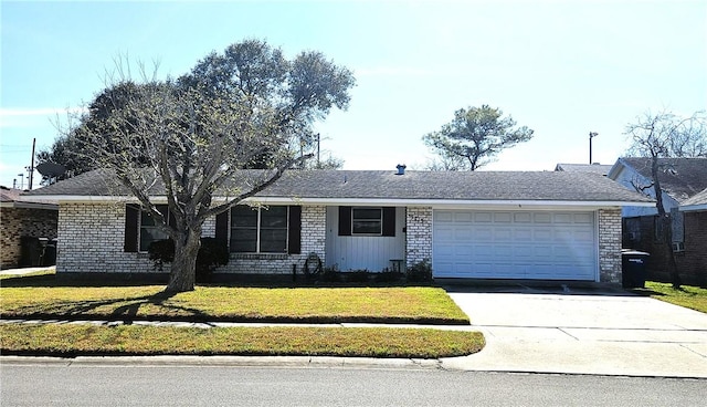 ranch-style house with a garage, concrete driveway, brick siding, and a front yard