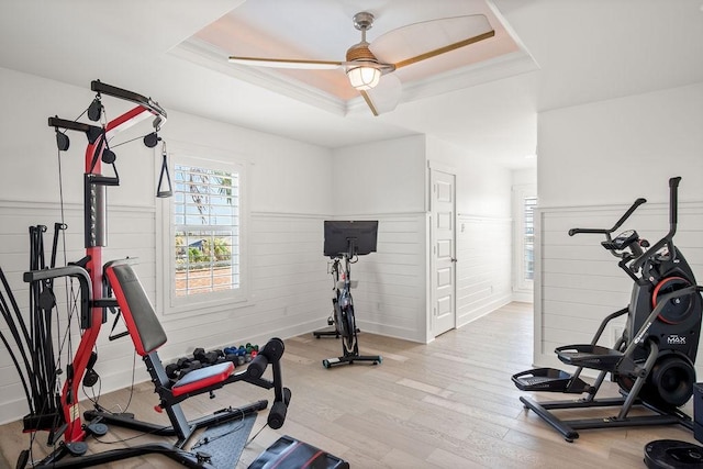 exercise room with a wainscoted wall, light wood-type flooring, a raised ceiling, and a ceiling fan