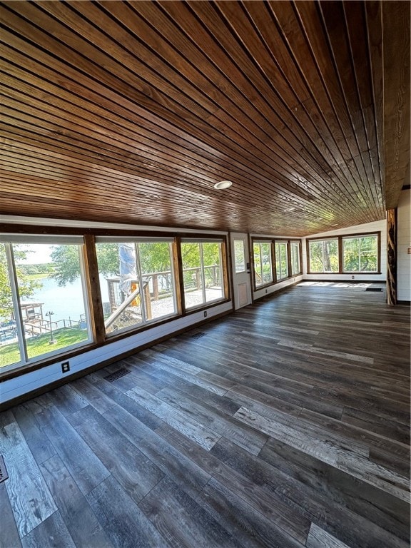 interior space with dark wood-type flooring, lofted ceiling, a water view, and wooden ceiling