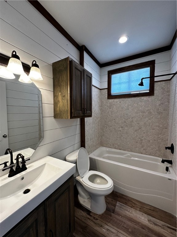 full bathroom with shower / bathing tub combination, wooden walls, hardwood / wood-style flooring, and toilet