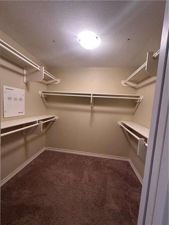 spacious closet featuring dark colored carpet