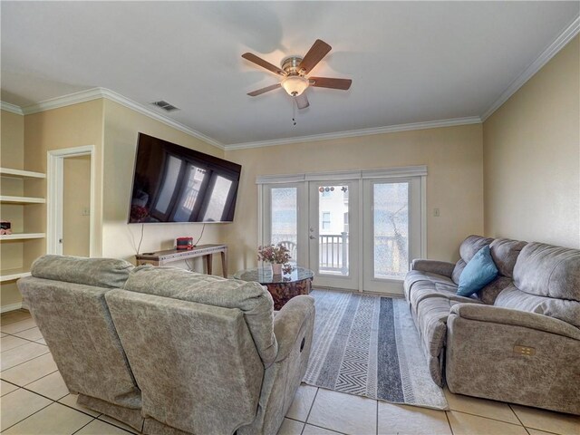 14422 Verdemar Dr, Corpus Christi, TX 78418 - living room featuring visible vents, light tile patterned flooring, a ceiling fan, and crown molding