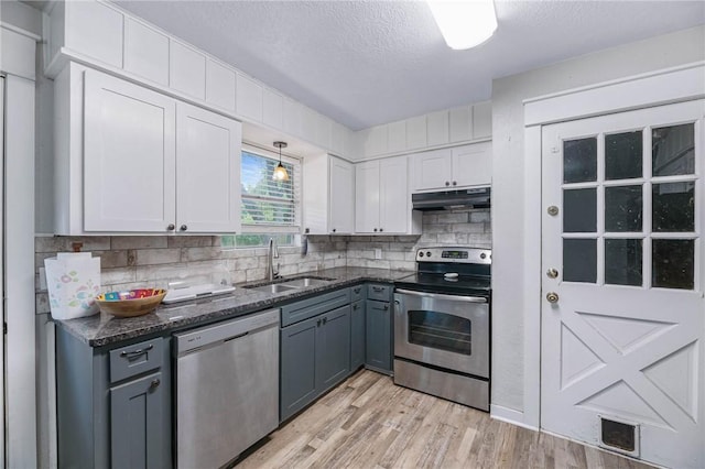 110 Wildwood, Rockport, TX 78382 - kitchen with appliances with stainless steel finishes, under cabinet range hood, tasteful backsplash, light wood-type flooring, and white cabinetry