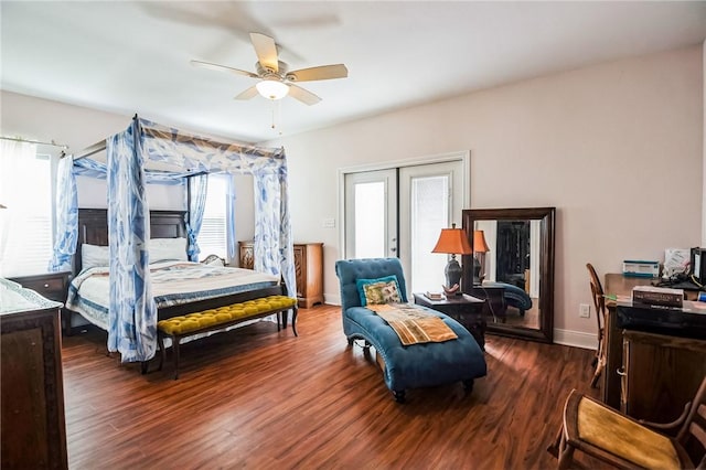 bedroom with wood-type flooring, french doors, and ceiling fan