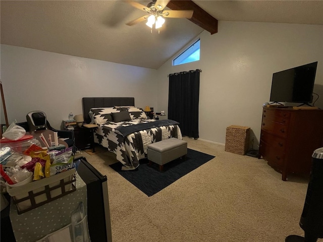 bedroom with carpet floors, vaulted ceiling with beams, and a ceiling fan