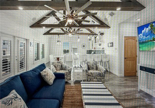 living room with beam ceiling, high vaulted ceiling, and ceiling fan