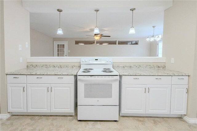 1553 Casa Grande Dr, Corpus Christi, TX 78411 - kitchen featuring electric stove, a ceiling fan, hanging light fixtures, white cabinets, and baseboards