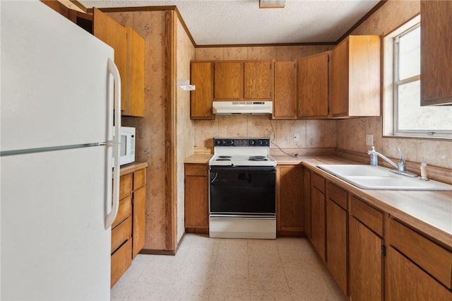 kitchen with brown cabinets, a sink, white appliances, light floors, and under cabinet range hood