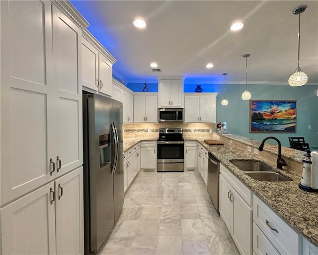330 Paradise Pointe Dr, Port Aransas, TX 78373 - kitchen featuring stainless steel appliances, a sink, light marble finish flooring, light stone counters, and white cabinets