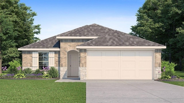 view of front of house with a front yard and a garage