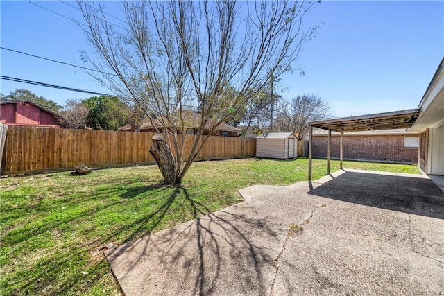 view of yard with a patio, a storage unit, a carport, a fenced backyard, and an outdoor structure