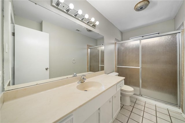 bathroom with a stall shower, visible vents, toilet, tile patterned floors, and vanity