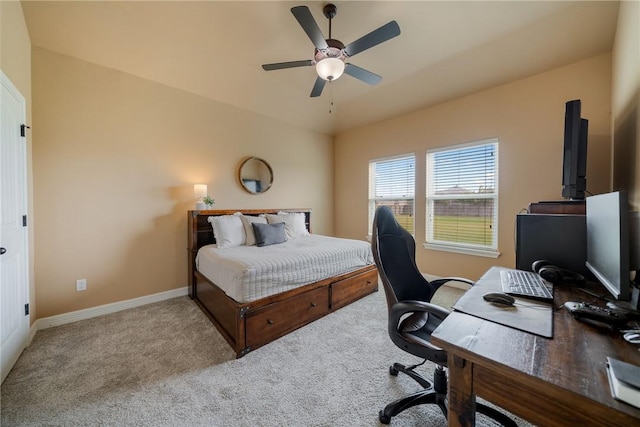 bedroom featuring ceiling fan and light colored carpet