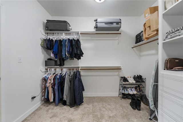 spacious closet featuring light colored carpet