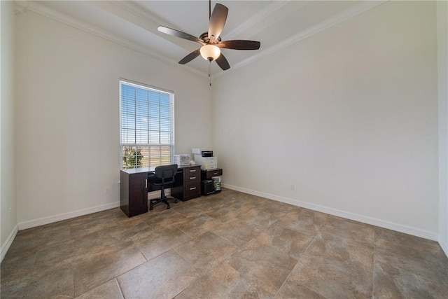 office featuring ceiling fan and crown molding