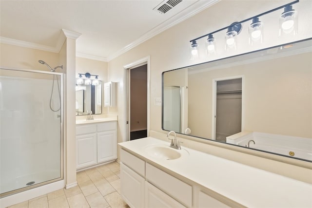 7030 Chiswick Dr, Corpus Christi, TX 78413 - bathroom with a stall shower, ornamental molding, vanity, and tile patterned flooring