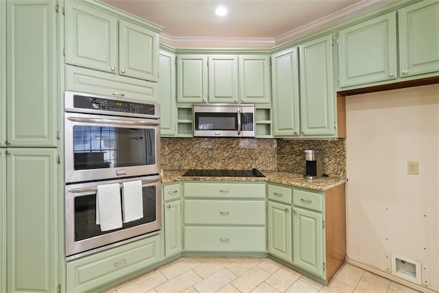 7030 Chiswick Dr, Corpus Christi, TX 78413 - kitchen featuring appliances with stainless steel finishes, open shelves, green cabinetry, backsplash, and crown molding