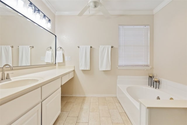 7030 Chiswick Dr, Corpus Christi, TX 78413 - bathroom featuring vanity, a garden tub, crown molding, and a ceiling fan