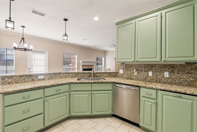 7030 Chiswick Dr, Corpus Christi, TX 78413 - kitchen with stainless steel dishwasher, decorative light fixtures, ornamental molding, light tile patterned floors, and a chandelier