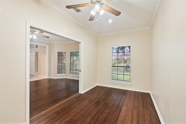 7030 Chiswick Dr, Corpus Christi, TX 78413 - spare room with dark wood finished floors, healthy amount of natural light, crown molding, and ceiling fan