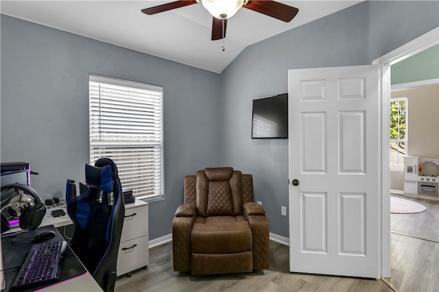 1119 Imperial St, Portland, TX 78374 - home office featuring ceiling fan, vaulted ceiling, light wood finished floors, and baseboards