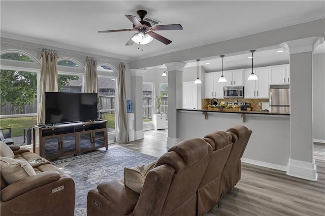1119 Imperial St, Portland, TX 78374 - living room featuring a ceiling fan, ornate columns, wood finished floors, ornamental molding, and baseboards