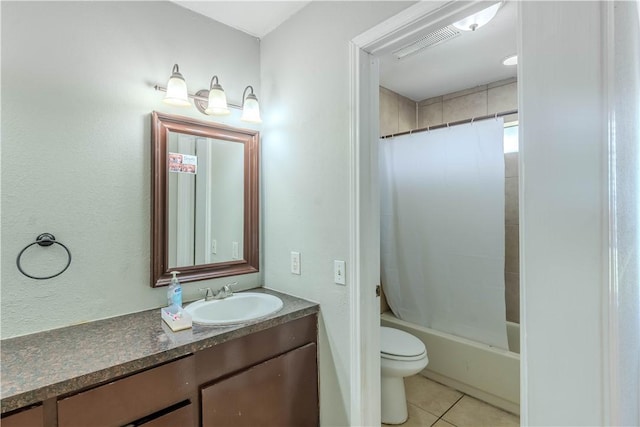 5929 Choctaw Dr, Corpus Christi, TX 78415 - bathroom with tile patterned floors, vanity, toilet, and shower / tub combo with curtain