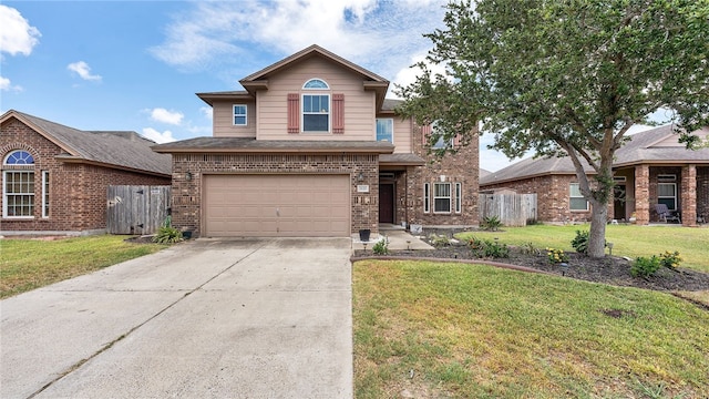 view of property with a garage and a front lawn