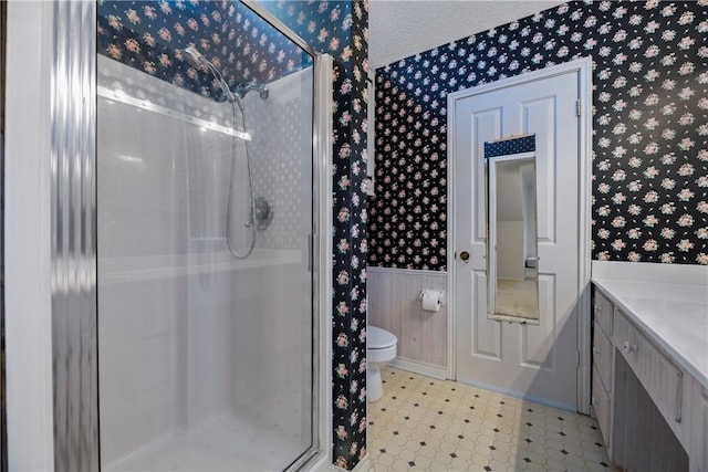 bathroom with a shower, vanity, and toilet