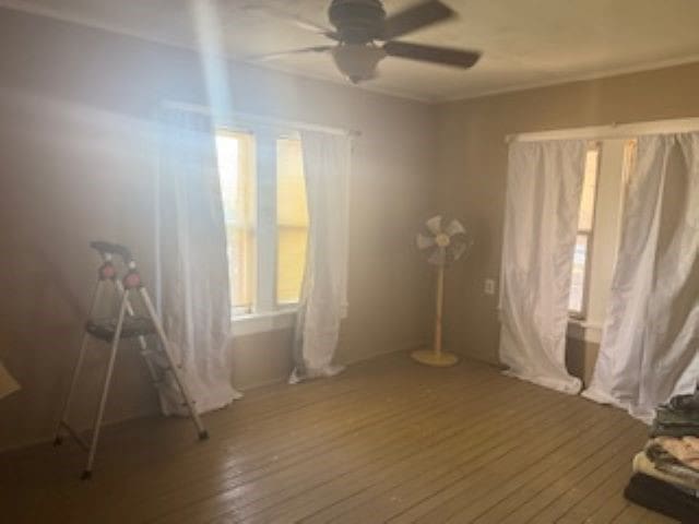 spare room featuring wood-type flooring, plenty of natural light, and ceiling fan