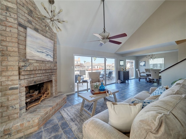 living room with a fireplace, ceiling fan, and high vaulted ceiling