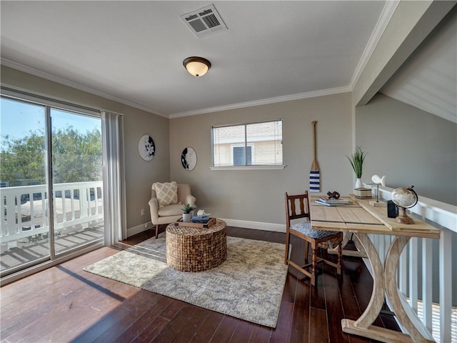 office area featuring dark hardwood / wood-style flooring, crown molding, and plenty of natural light