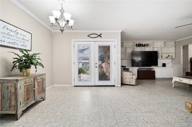 living room featuring a chandelier, french doors, and ornamental molding