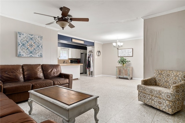 living room with ornamental molding and ceiling fan with notable chandelier