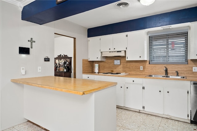 kitchen with backsplash, sink, white cabinets, dishwasher, and kitchen peninsula