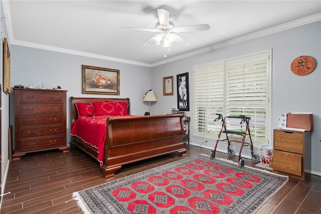 bedroom featuring baseboards, wood tiled floor, and crown molding
